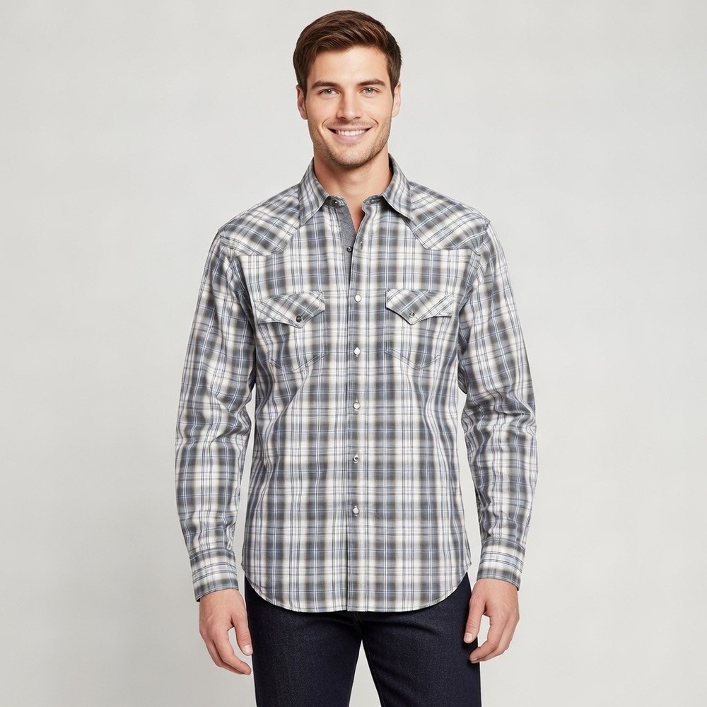 Pintlar Pearl Snap Western Shirt Mans Large Blue Gray Plaid Long Sleeve